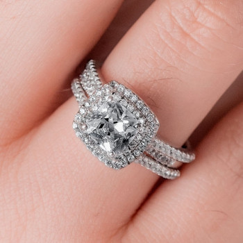 2ct Cushion Cut White Sapphire 3pcs Bridal Set