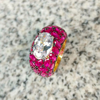 5.5ct Oval Cut White Sapphire With Ruby Cocktail Ring