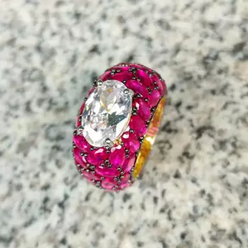 5.5ct Oval Cut White Sapphire With Ruby Cocktail Ring
