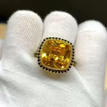 11.5ct Halo Cushion Cut Yellow Sapphire Engagement Ring