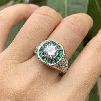 2ct Round Cut White Sapphire Ring with a Emerald Calibre Halo