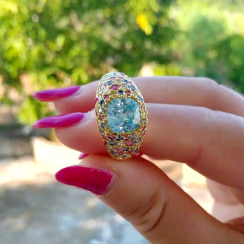 4ct Aquamarine Multi-Color Sapphires Paved Cocktail Ring