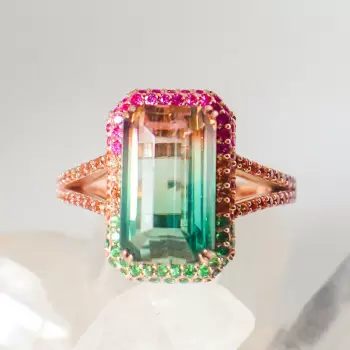 6.2ct Emerald Cut Bicolor Tourmaline Engagement Ring