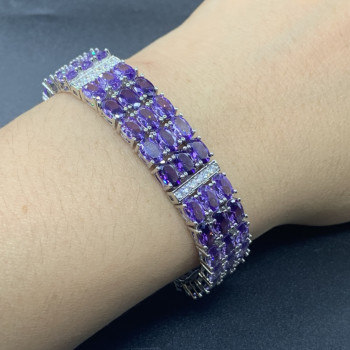 42ctw Oval Cut Amethyst Three Row Statement Bracelet