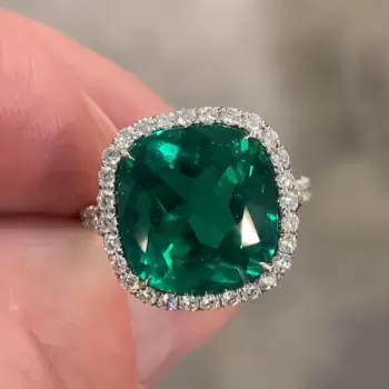 9.5ct Halo Cushion Cut Emerald Engagement Ring