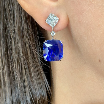 7ctw Cushion Cut Blue Sapphire Drop Earrings