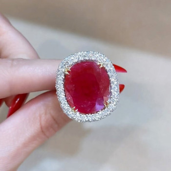 8.2ct Cushion Cut Ruby Paved Halo Cocktail Ring