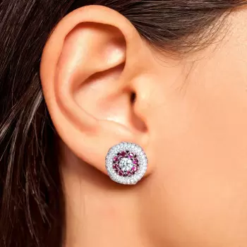 Ruby and White Sapphire Paved Art- deco Stud Earrings