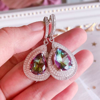 Pear Cut Halo Rainbow Topaz Drop Earrings