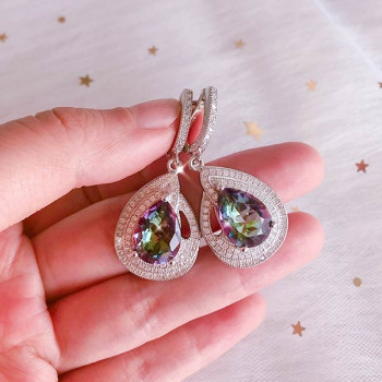 Pear Cut Halo Rainbow Topaz Drop Earrings