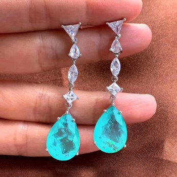 20ctw Multi-cut White Sapphire and Green Paraiba Drop Earrings