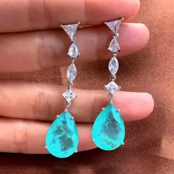 20ctw Multi-cut White Sapphire and Green Paraiba Drop Earrings