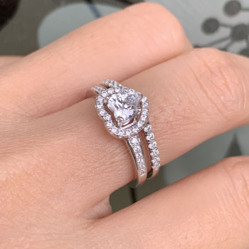 Halo Heart Cut White Sapphire Dainty Wedding Ring Set