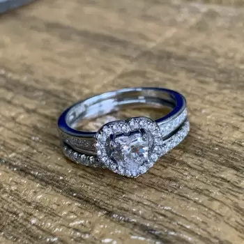 Halo Heart Cut White Sapphire Dainty Wedding Ring Set