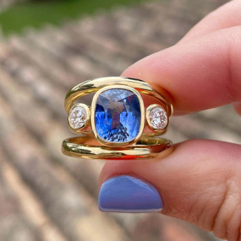 3.5ct Cushion Cut Blue Sapphire Three-Stone Ring