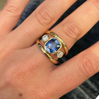 3.5ct Cushion Cut Blue Sapphire Three-Stone Ring