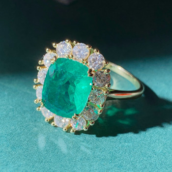 7ct Halo Cushion Cut Emerald Engagement Ring in Gold