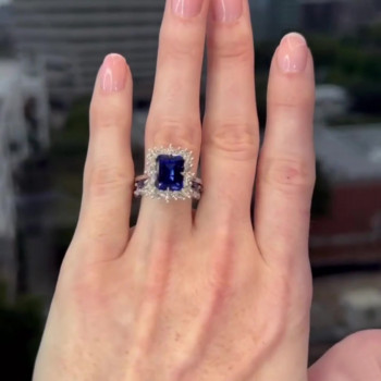 3.8ct Halo Emerald Cut Blue Sapphire 3pcs Bridal Set