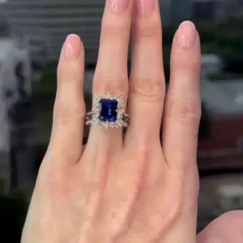 3.8ct Halo Emerald Cut Blue Sapphire 3pcs Bridal Set