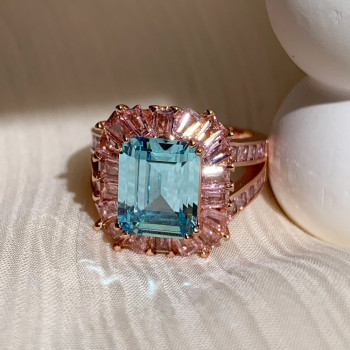 4ct Emerald Cut Aquamarine Pink Halo Cocktail Ring