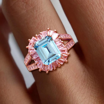 4ct Emerald Cut Aquamarine Pink Halo Cocktail Ring