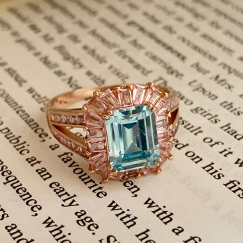 4ct Emerald Cut Aquamarine Pink Halo Cocktail Ring
