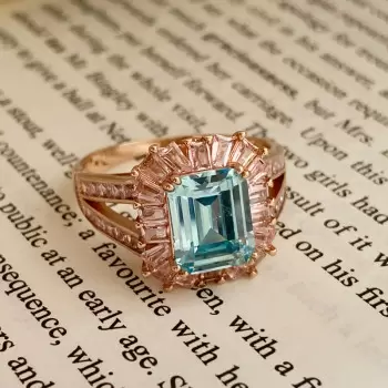 4ct Emerald Cut Aquamarine Pink Halo Cocktail Ring