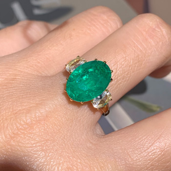 5.8ct Oval Cut Emerald Three-Stone Engagement Ring