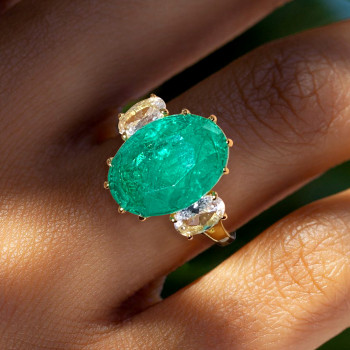 5.8ct Oval Cut Emerald Three-Stone Engagement Ring