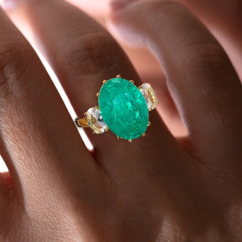 5.8ct Oval Cut Emerald Three-Stone Engagement Ring