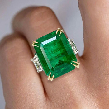 14ct Emerald Cut Emerald Three Stone Engagement Ring