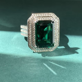8.4ct Emerald Cut Green Sapphire Halo Engagement Ring