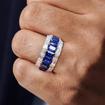 7.98ct Emerald Cut Blue Sapphire Triple Row Eternity Band