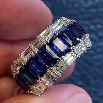 7.98ct Emerald Cut Blue Sapphire Triple Row Eternity Band