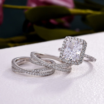 8ct Halo Radiant Cut White Sapphire 3pcs Bridal Set