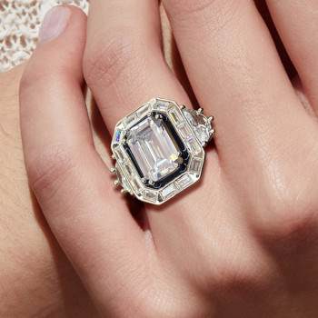 3ct Emerald Cut White Sapphire Enamel Halo Engagement Ring