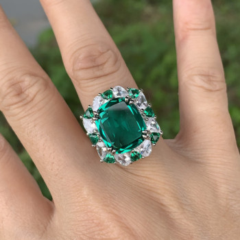 12ct Halo Cushion Cut Emerald Cocktail Ring