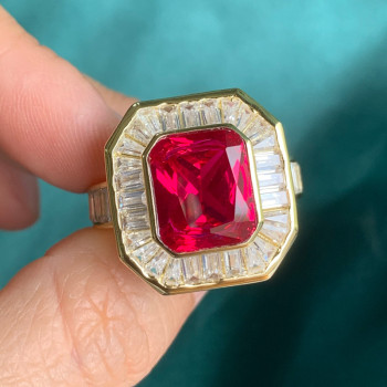 6ct Emerald Cut Ruby Halo Vintage Cocktail Ring