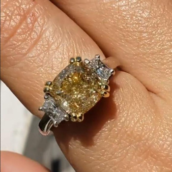 4ct Cushion Cut Yellow Sapphire Three Stone Engagement Ring