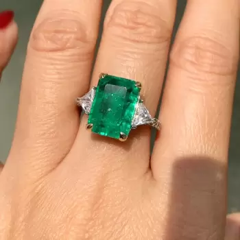 8ct Emerald Cut Emerald Three Stone Engagement Ring
