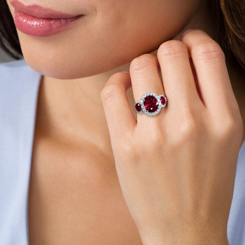 Vintage 3ctw Halo Oval Cut Ruby Three Stone Engagement Ring