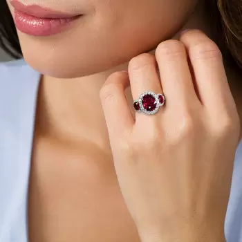 Vintage 3ctw Halo Oval Cut Ruby Three Stone Engagement Ring