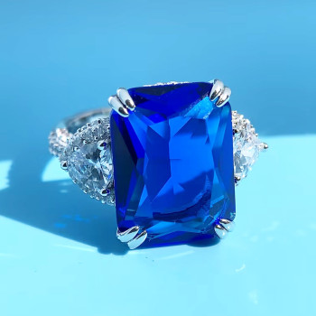 12ct Cushion Cut Blue Sapphire Three Stone Engagement Ring