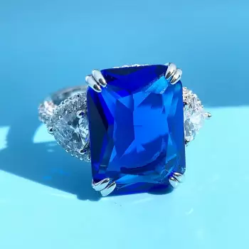 12ct Cushion Cut Blue Sapphire Three Stone Engagement Ring
