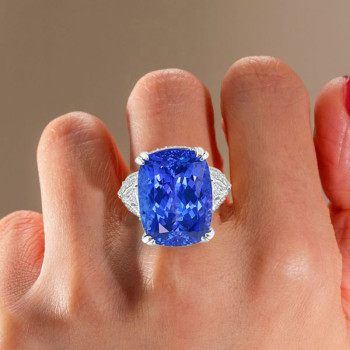 12ct Cushion Cut Blue Sapphire Three Stone Engagement Ring