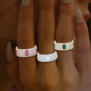 Bezel Setting Emerald Cut Sapphire Paved Wedding Band