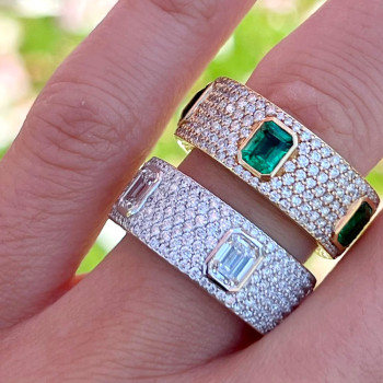 Bezel Setting Emerald Cut Sapphire Paved Wedding Band