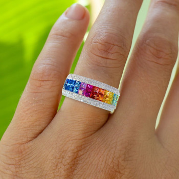6.2ctw Princess Cut Rainbow Sapphire Wedding Band