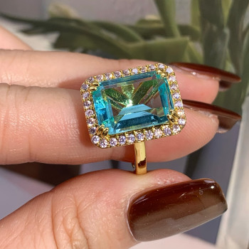 8.4ct Emerald Cut Aquamarine Pink Halo Cocktail Ring