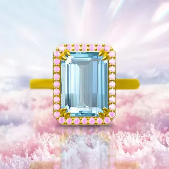 8.4ct Emerald Cut Aquamarine Pink Halo Cocktail Ring